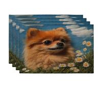 Juego de 4 manteles individuales con diseño de perro pomerania primaveral, 12 x 18 pulgadas, estilo de punto de jardín, cachorro, 4 piezas de manteles suaves para comedor, divertido patrón de mascotas