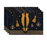 Juego de 4 manteles individuales con patas de bruja de Halloween, color negro y amarillo, para mesa de comedor, antideslizantes, lavables, para interiores y exteriores