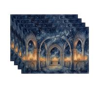 Juego de 4 manteles individuales de acuarela con escena nocturna de la | Diseño de horizonte estrellado, manteles individuales de tela, arcos arquitectónicos, textura de acuarela
