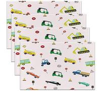 Juego de 4 manteles individuales de coche de dibujos animados, 45 x 30 cm, tractor, excavadora, autobús, policía, coche, juego de 4 manteles individuales temáticos de vehículos para mesa de comedor,