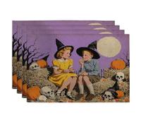 Juego de 4 manteles individuales de Halloween con diseño de calavera violeta, calabaza, color amarillo, para fiestas infantiles, para comedor, antideslizantes, lavables, para interiores y exteriores