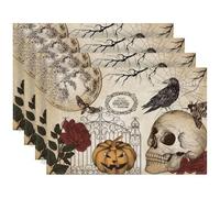 Juego de 4 manteles Individuales de Halloween de 18.0 x 12.0 in, espeluznantes manteles Individuales de Halloween con patrón como Calavera, Calabaza, Cuervo y Rosa, de Lino para cenar