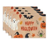 Juego de 4 manteles Individuales de Halloween Manteles Individuales de 30 x 45 cm con diseño de murciélago Fantasma, Calabaza y araña, Resistentes al Calor, Antideslizantes, Ideales para Fiestas