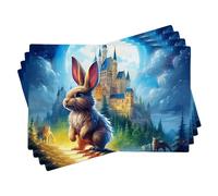 Juego de 4 manteles individuales de Pascua, castillo de ensueño, conejo, luna, cielo nocturno, bosque, animales, nube, río, azul, gris, lino, decorativo, resistente a las manchas, café, picnic, hogar