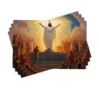 Juego de 4 manteles individuales de Pascua, cruz de Cristo, fe, Jesús, gente, cielo sagrado, nube, amarillo, lino, decorativo, resistente a las manchas, café, picnic, hogar, cocina, antideslizante