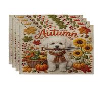 Juego de 4 manteles individuales de perro Bichon Frise de otoño, 12 x 18 pulgadas, planta de cosecha navideña, 4 manteles lavables para el hogar, comedor en casa, decoración de cocina, fiesta de otoño