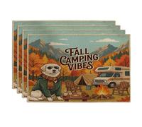 Juego de 4 manteles individuales de perro de los Grandes Pirineos, 12 x 18 pulgadas, bosque otoñal, caravana, camping, 4 manteles individuales para comedor, tienda de campaña, hoguera, vacaciones