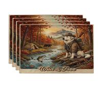 Juego de 4 manteles individuales de perro de los Grandes Pirineos de otoño, 12 x 18 pulgadas, bosque de otoño, caza, pesca, 4 manteles individuales para comedor en casa, bosque de arce, vacaciones