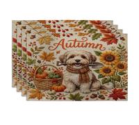 Juego de 4 manteles individuales de perro habanero de otoño, 12 x 18 pulgadas, planta de cosecha navideña, 4 manteles individuales lavables para el hogar comedor, decoración de cocina y fiesta de