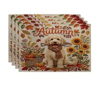 Juego de 4 manteles individuales de perro labradoodle de otoño, 12 x 18 pulgadas, planta de cosecha navideña, 4 manteles lavables para comedor en casa, decoración de cocina, fiesta de otoño