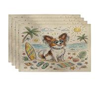 Juego de 4 manteles individuales de perro Papillon, 12 x 18 pulgadas, conchas de playa costeras, 4 manteles individuales de temporada para comedor, decoración de cocina para el hogar y las vacaciones