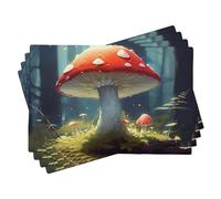Juego de 4 manteles individuales de primavera con diseño botánico de árbol de setas, hojas hermosas, bosque, rojo, verde, lino, resistente a las manchas, lavable a máquina, mesa de café, picnic al