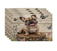 Juego de 4 manteles individuales de primavera con diseño de Bulldog Francés, 30,5 x 45,7 cm, troncos de madera de flores, lavables, para comer, mascotas, vacaciones, hogar, decoración de cocina
