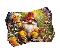 Juego de 4 manteles individuales de primavera con diseño de gnomo, rompecabezas de abeja, miel, lavanda, planta floral, verde, amarillo, lino, resistente al calor, al aire libre, picnic, fiesta