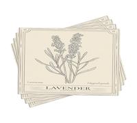 Juego de 4 manteles individuales de primavera con hojas de plantas de lavanda, letras artísticas retro, color amarillo claro, negro, lino, resistentes a las manchas, lavables a máquina, mesa de café