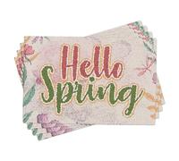 Juego de 4 manteles individuales de primavera con texto en inglés "Hello Spring Word", estilo rústico, libélula y flores, color rosa, verde, lino, resistente a las manchas, lavable a máquina, mesa de