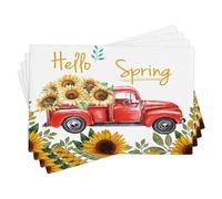 Juego de 4 manteles individuales de primavera, diseño de camión, girasol, Hello Spring, Word, floral, bonita planta, rojo, amarillo, lino, resistente a las manchas, lavable a máquina, mesa de café al