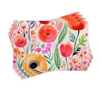 Juego de 4 manteles individuales de primavera, diseño de flores, acuarela, hojas artísticas, plantas, abstracto, rojo, naranja, verde, lino, lavable, antideslizante, decorativo, para restaurantes