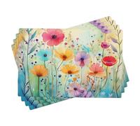Juego de 4 manteles individuales de primavera, diseño de flores de acuarela, hermosas hojas de plantas botánicas, color azul y rosa, lino, lavable, decorativo, cafetería, restaurante, hogar