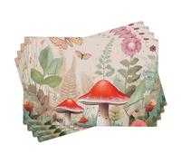 Juego de 4 manteles individuales de primavera, diseño retro de setas, hojas botánicas, flores, mariposa, cabaña, rústico, rojo, verde, lino, lavable, antideslizante, decorativo, para restaurantes
