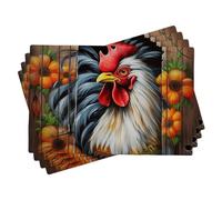 Juego de 4 manteles individuales de primavera, diseño rústico de pollo, estampado floral, hojas lindas, blanco, rojo, naranja, lino, lavable, antideslizante, decorativo, para restaurantes, cocina