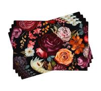 Juego de 4 manteles individuales de primavera, estilo rústico, floral, hojas botánicas, rojo, naranja, lino, resistente a las manchas, lavable a máquina, mesa de café, picnic al aire libre, lavable