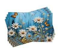 Juego de 4 manteles individuales de primavera, pintura al óleo, diseño de mariposa, hermosa planta floral, color azul, verde, blanco, lino, duro, fácil de limpiar, camping, patio, comedor, interior