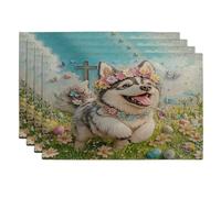 Juego de 4 manteles individuales de primavera y Pascua, diseño de perro Malamutes de Alaska, 30.5 x 45.7 cm, diseño de campo de huevos cruzados, 4 unidades, lavables para comedor, decoración de