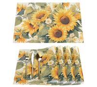 Juego de 4 manteles individuales de tela con pintura de acuarela, girasoles, flores, amarillos, 12 x 18 pulgadas, manteles individuales lavables para mesa de comedor, decoración del hogar y la cocina