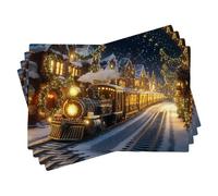 Juego de 4 manteles individuales de tren de Navidad, color negro y dorado, para mesa de comedor festiva, lavables para interiores y exteriores, 45,7 x 30,5 cm