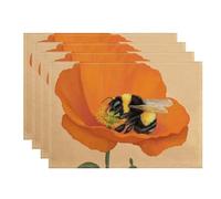 Juego de 4 manteles individuales decorativos con diseño de abeja y amapola, diseño floral vibrante para mesa de comedor, primavera, verano, antideslizante, lavable, para interiores y exteriores