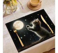 Juego de 4 Manteles Individuales Los Gatos La Luna El Cielo Estrellado, Salvamanteles Individuales Negro Lindo Realista Antideslizantes Resistente al Calor, para Mesa de Comedor Cocina, 45x30cm
