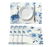 Juego de 4 Manteles Individuales Modernos de Lino, Salvamanteles con Estampado de Flores Azules de Acuarela, Alfombrillas de Mesa Lavables y Duraderas para Cocina y Salón 45x30cm