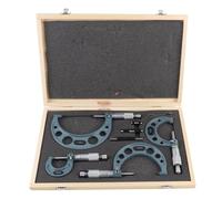 Juego de 4 Micrómetros Exteriores de Precisión Profesional, 0-100mm en 4 Unidades (0-25,25-50,50-75,75-100mm), Carburo Cementado con Caja de Madera - Herramienta para Mecánicos, Taller y Automoción