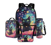 Juego de 4 mochilas escolares y bolsa de almuerzo que contiene mochila, caja de almuerzo, bolsa de lápices, manga para botella para niños y niñas, gato negro burbuja, talla, Gato Negro Burbuja, talla