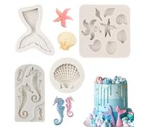 Juego de 4 moldes de silicona con temática oceánica, moldes para tartas de estilo marino con concha, caballito de mar, cola de sirena, criatura marina, moldes reutilizables de grado alimenticio para