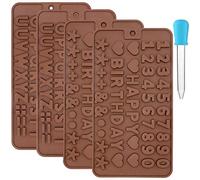 Juego de 4 moldes de silicona para letras de chocolate y números con cuentagotas de plástico para hacer jabón, decoración de pasteles de dulces bricolaje para hornear alfabeto símbolo de feliz
