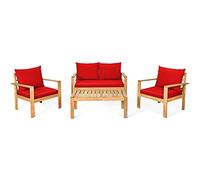 Juego de 4 muebles de patio de madera de acacia, cojines gruesos para sofá biplaza, color rojo, pasa tiempo con tu familia en el juego de 4 a 8 personas