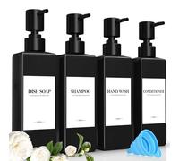 Juego de 4 Negro Dispensador Jabon BañO, 500ml Dosificador Jabon BañO, Dispensador Gel y Champu Ducha, con Embudo y Etiqueta Impermeable, Adecuado para Cocina, BañO y Aseo