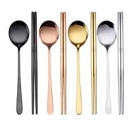 Juego de 4 palillos y cucharas, palillos reutilizables, cucharas coreanas, de acero inoxidable, para el hogar, cocina, restaurante, vajilla