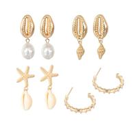 Juego de 4 pares de aretes bohemios chapados en oro, diseño de concha de mar, concha de cauri, perla, mar, océano, animales, para mujeres, adolescentes, niñas, bohemios, hawaianos, verano, playa