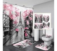 Juego de 4 Pares de Cortinas de Ducha Rosa de la Torre Eiffel, decoración de baño con alfombras Antideslizantes, Alfombrilla en Forma de U, Cubierta de Tapa de Inodoro, Impermeable, Juego de Cortinas