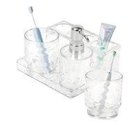 Juego de 4 Piezas de Accesorios de Baño,Set de Baño de Cristal con Botellas de Loción, Soporte para Cepillo de Dientes,Taza de Dientes, jabonera,Tarros de Hisopo de Algodón,Decoración Moderna de Baño