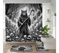 Juego de 4 piezas de baño gótico de Halloween con diseño de gato azul ruso con alfombra antideslizante, cubierta de tapa de inodoro en forma de U, decoración de baño de calavera de terror gótico