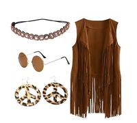 Juego de 4 piezas de cárdigans para mujer, para otoño e invierno, étnico, sin mangas, borlas, chaleco, cárdigan, chaleco, diadema, gafas y aretes, caqui, L