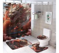 Juego de 4 piezas de cortina de ducha de dragón colorido con alfombras antideslizantes, cubierta de tapa de inodoro y alfombrilla de baño, estilo chino, animal, romántico, flores, cortina de ducha