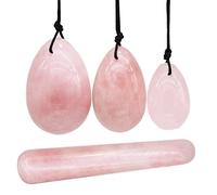 Juego de 4 Piezas de Huevos de Jade Yoni, 3 Piezas de Piedras de Cristal de Cuarzo Rosa taladradas + 1 Varilla de Masaje para Mujer, Ejercicios Kegel y Fortalecer los músculos