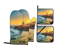 Juego de 4 piezas de impresión AKGFFDS Sunset in Barcelona con forro suave y aislamiento grueso para cocina y barbacoa al aire libre