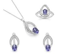 Juego de 4 piezas de joyería de boda para mujer, colgante de lágrima de tanzanita, aretes y anillos, juego de boda, compromiso, dama de honor, vestido de graduación, joyería de plata de ley 925, Plata