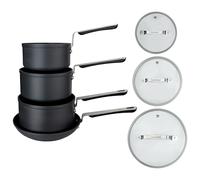 Juego de 4 piezas de utensilios de cocina Commichef en aluminio anodizado con revestimiento antiadherente, incluye cacerolas de 16 cm, 18 cm y 20 cm con tapas y sartén de 24 cm, diseño apilable